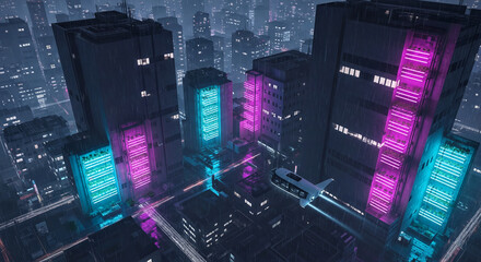 Fototapeta premium Futuristic Vertical Farm Cityscape, Neo-Tokyo Night