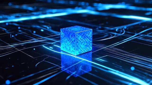 Blue pixelated cube with glowing lines