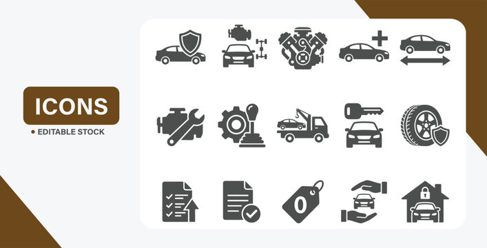 Car insurance icon set featuring coverage, warranty, repair, and protection symbols