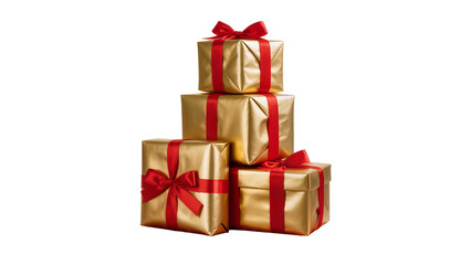Fototapeta premium Stack of golden gift boxes with red ribbons, isolated on transparent background
