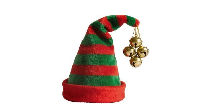 Striped elf hat with red trim holding cluster of golden jingle bells, isolated on transparent background
