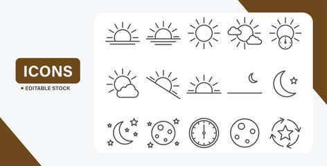 Minimalist day and night cycle icon set with sun, moon, and time phase designs © Kingko