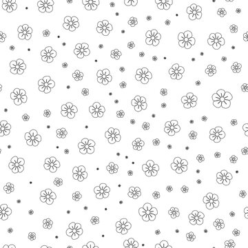 Seamless pattern of simple outline cherry blossoms and dots minimalist floral background for spring design isolated on white vector illustration
