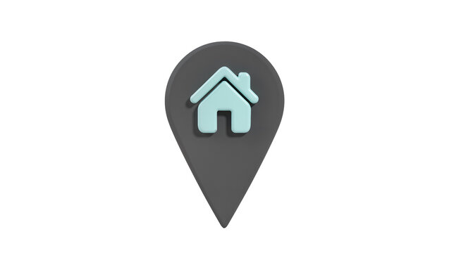 Dark gray location pin with light blue house icon, isolated on transparent background