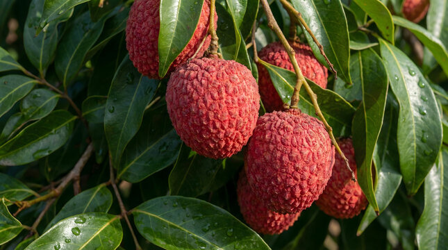 Fresh red lychee fruits hanging on branches with dewdrops on green leaves