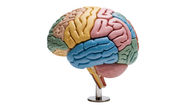 Colorful anatomical brain model with distinct lobes, isolated on transparent background