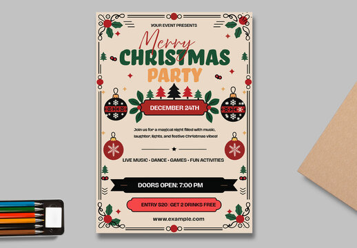 Merry Christmas Party Event Poster with Festive Holiday Illustration