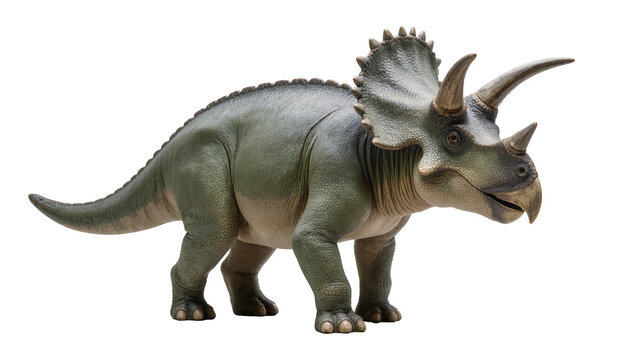 Green triceratops dinosaur with three horns, isolated on transparent background