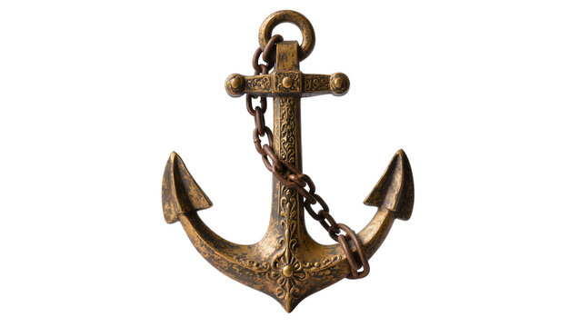 Ornate antique anchor with chain, isolated on transparent background