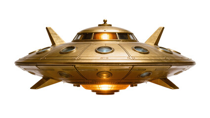 Retro golden flying saucer with glowing lights, isolated on transparent background © PROSTOCK