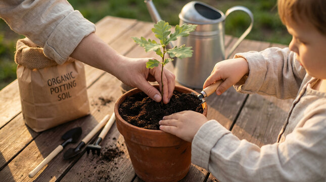 Close up of mother and daughter hands planting oak sapling in terracotta pot with tools in soft evening light