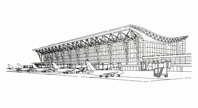 Line drawing of a modern airport terminal with jet bridges and parked airplanes