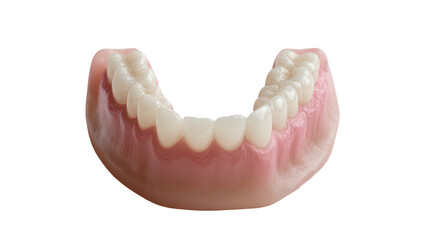Obraz premium Full set of upper dentures with pink gum base, isolated on transparent background