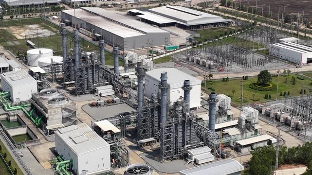 Aerial view of a natural gas power plant generating electricity