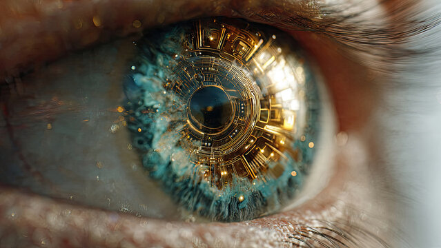 Extreme macro close-up of a human eye with glowing golden cybernetic circuit iris on teal blue pupil background