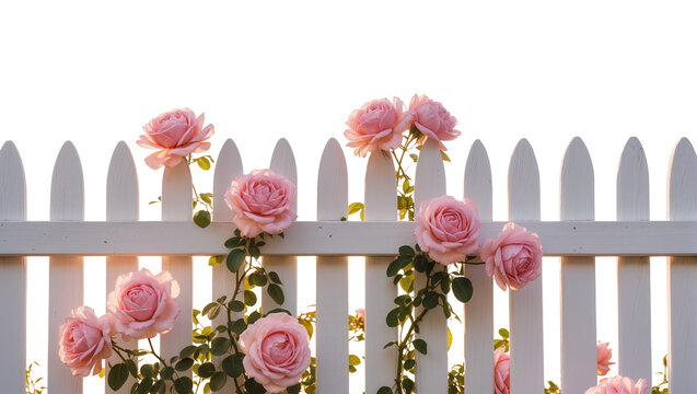 Pink roses climbing a white picket fence, isolated on transparent background