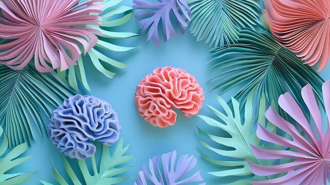A colorful arrangement of paper cut brains and tropical leaves on a blue background