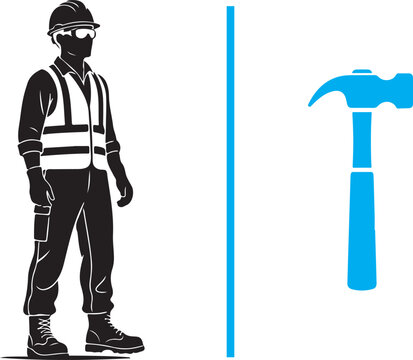 A vector graphic featuring a black silhouette of a construction worker in protective gear on the left, and a blue silhouette of a claw hammer on the right.
