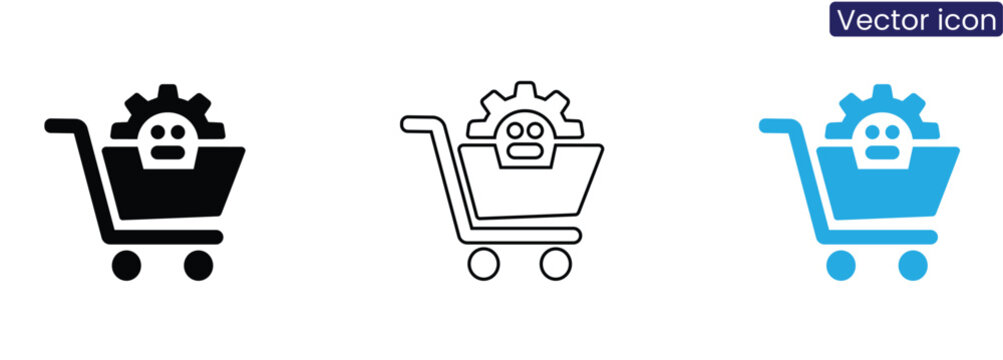 Shopping cart with gear and sad face on white background vector icon set