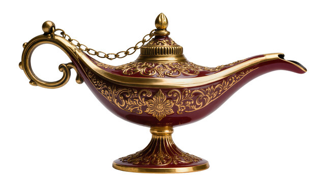 Ornate antique genie lamp with intricate gold patterns, isolated on transparent background