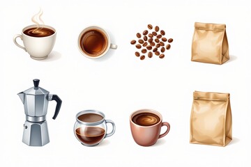 Obraz premium Watercolor Coffee Items Collection Flat Lay Style