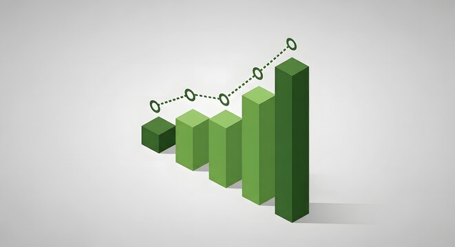 Isometric green graph depicting growth and decline with bar and line charts