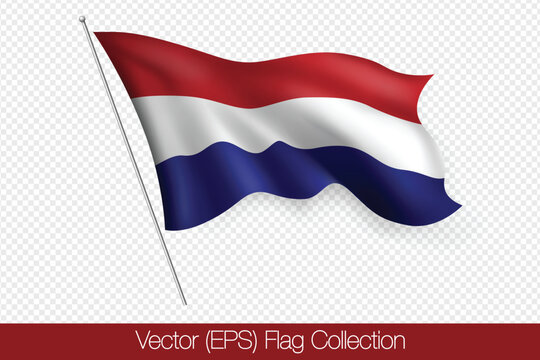 3D realistic red, white and blue Netherlands flag, vector (EPS) illustration isolated on transparent background. The flag twists on the wind, realistic shadows and light