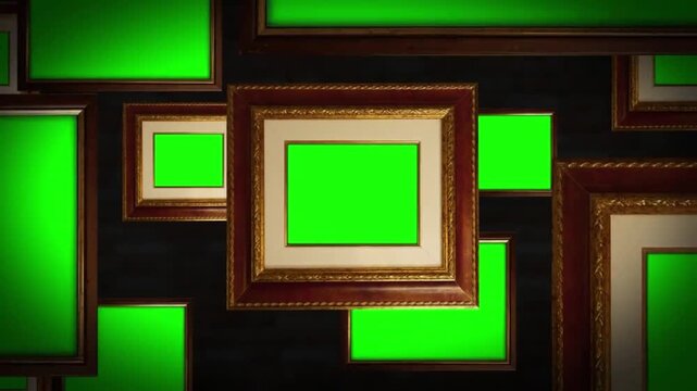 Classic Ornate Picture Frames with Green Screen Chroma Key Moving Towards Camera