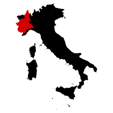 Piemonte province highlighted on Italy map with clear regional boundaries, accurate geographic proportions