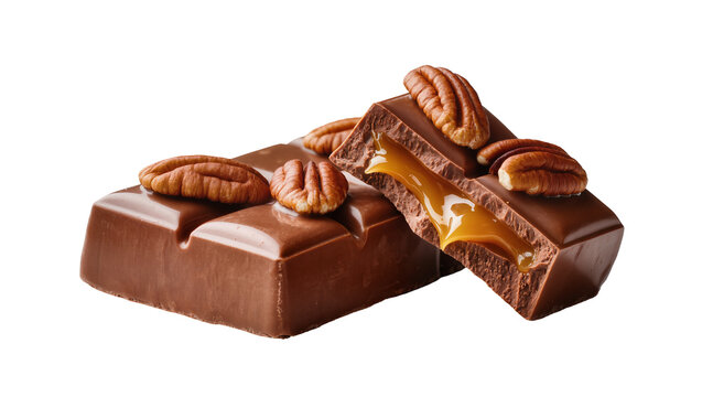 Rich milk chocolate bar with gooey caramel filling and pecans, isolated on transparent background
