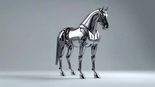 Metallic chrome horse statue standing in dynamic pose on plain light gray studio background with smooth reflections