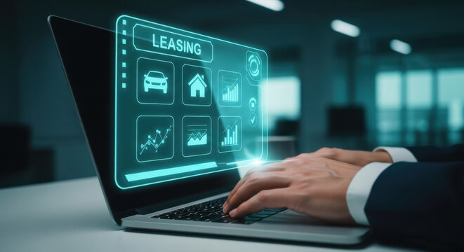 Businessman using digital leasing platform for car and property rental contract, online finance management, financial agreement, asset leasing, and modern investment service concept 