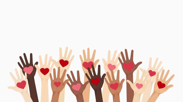 Volunteers holding hearts in palms. Multiethnic diverse people hands give and share love concept. Support and social help. 2D animation on white background
