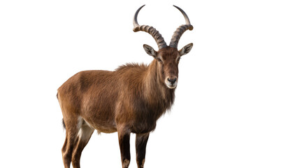 Obraz premium Brown ibex with large curved horns standing alert, isolated on transparent background