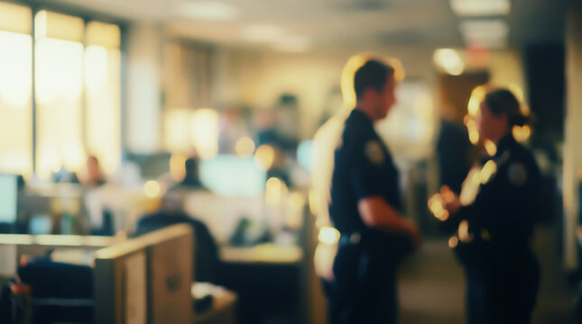 Blurred background of a modern office where two police officers in uniform are standing and talking