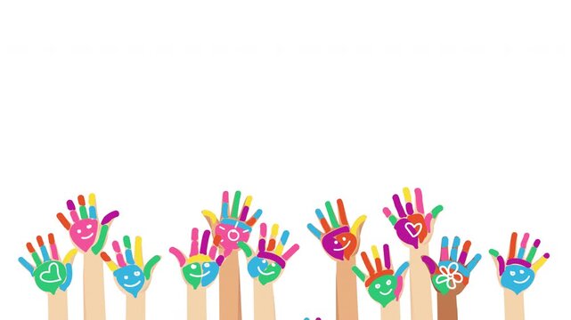 2D animation of multiethnic diverse painted colorful hands of children with smile and heart shape raised up on white background