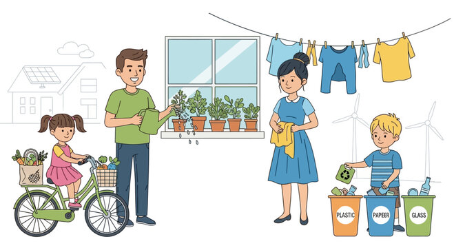 Eco-friendly family lifestyle, sustainability, recycling, gardening, and green living