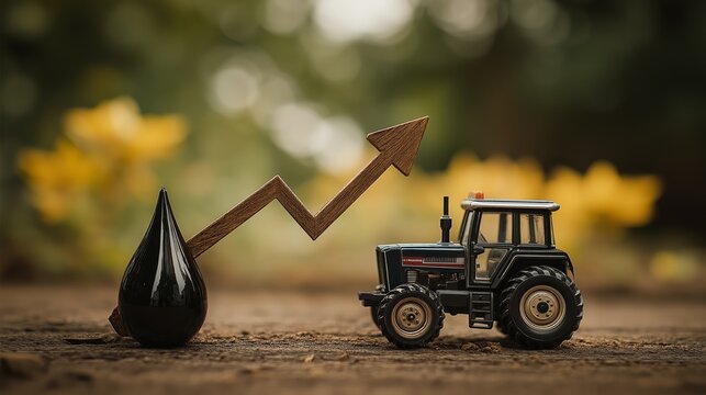  Black oil drop with rising arrow symbolizing fuel price increase, with agricultural tractor working in farm background. Concept of rising costs impacting farming and economy.