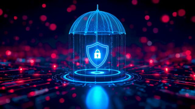 Glowing blue umbrella shield icon floating above digital network with red particles and circular light base on dark background