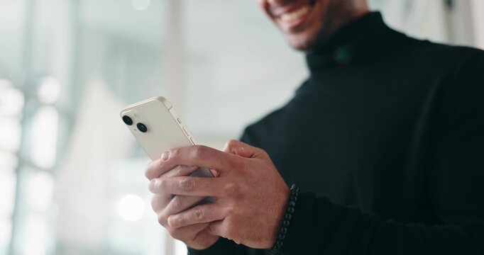 Smile, typing or hands with mobile in office, research or check calendar update for deadline extension. Laughing, email app and man with phone for communication, texting and message notification