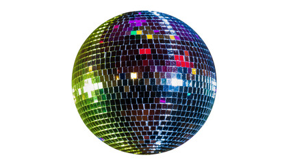 Obraz premium Sparkling disco ball reflecting colorful lights, isolated on transparent background