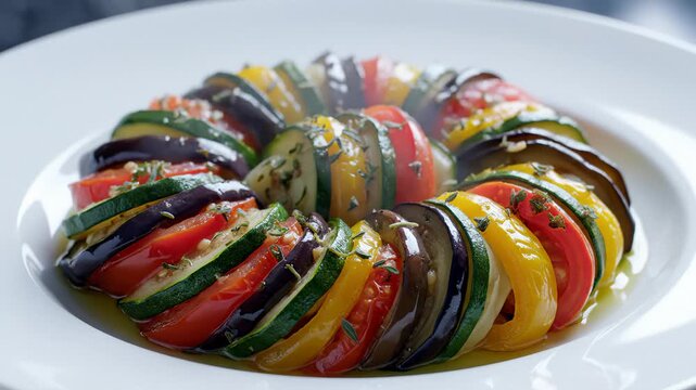 Beautifully Arranged Ratatouille Dish With Fresh Herbs and Vegetables