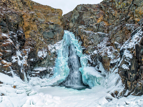 Winter Waterfall. Altai Mountains. Kurkure. Travel and Active Tourism. Natural Beauty of Siberia, Russia
