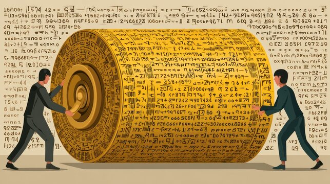 Two individuals roll a large golden cylinder covered in cryptic symbols