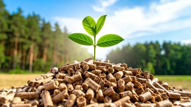 A young sprout with vibrant green leaves emerges from a bed of wood pellets against a blurred forest