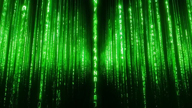 A mesmerizing video of green code streaming down a black background
