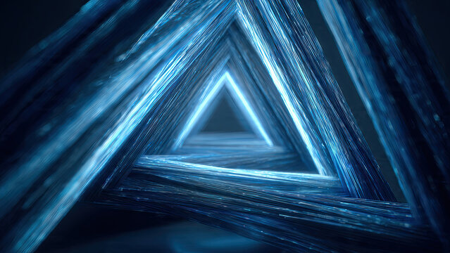 Infinite neon blue glowing triangle tunnel with layered geometric reflections on dark black background