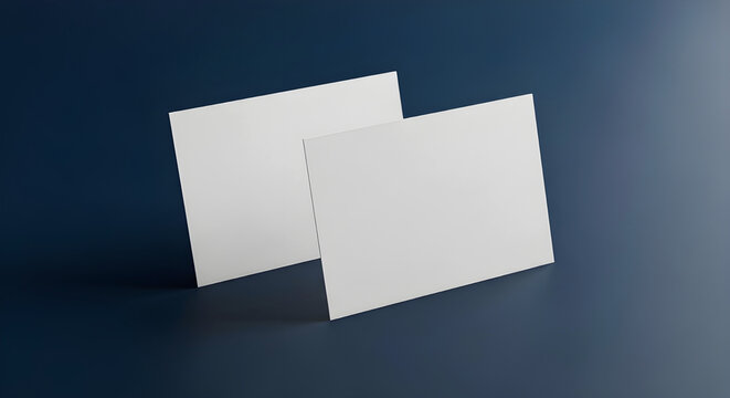 Two blank white cards standing upright on dark blue background for mockup purposes