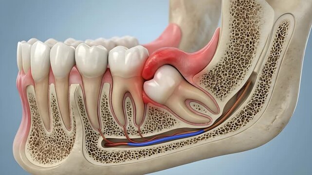 Detailed 3D Dental Anatomy of Impacted Wisdom Tooth Showing Jaw Bone Gums and Nerves with Inflammation and Swelling Against a Soft Blue Background