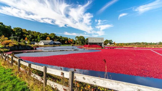 A vibrant red cranberry bog is flanked by weathered fences, farm buildings, and forest under a blue sky
